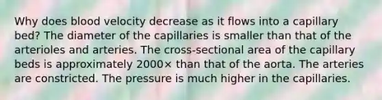 Why does blood velocity decrease as it flows into a capillary bed? The diameter of the capillaries is smaller than that of the arterioles and arteries. The cross-sectional area of the capillary beds is approximately 2000× than that of the aorta. The arteries are constricted. The pressure is much higher in the capillaries.