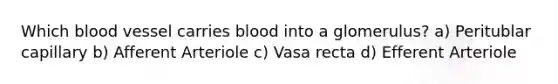 Which blood vessel carries blood into a glomerulus? a) Peritublar capillary b) Afferent Arteriole c) Vasa recta d) Efferent Arteriole