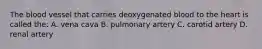 The blood vessel that carries deoxygenated blood to the heart is called the: A. vena cava B. pulmonary artery C. carotid artery D. renal artery