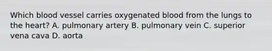 Which blood vessel carries oxygenated blood from the lungs to the heart? A. pulmonary artery B. pulmonary vein C. superior vena cava D. aorta