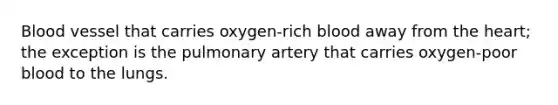 Blood vessel that carries oxygen-rich blood away from the heart; the exception is the pulmonary artery that carries oxygen-poor blood to the lungs.