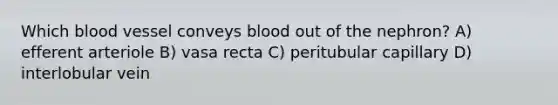 Which blood vessel conveys blood out of the nephron? A) efferent arteriole B) vasa recta C) peritubular capillary D) interlobular vein