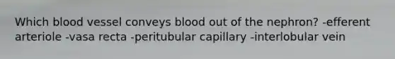 Which blood vessel conveys blood out of the nephron? -efferent arteriole -vasa recta -peritubular capillary -interlobular vein