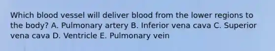 Which blood vessel will deliver blood from the lower regions to the body? A. Pulmonary artery B. Inferior vena cava C. Superior vena cava D. Ventricle E. Pulmonary vein