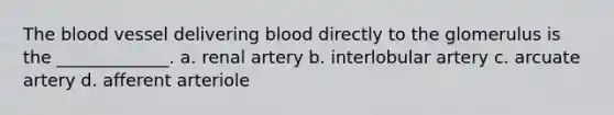 <a href='https://www.questionai.com/knowledge/k7oXMfj7lk-the-blood' class='anchor-knowledge'>the blood</a> vessel delivering blood directly to the glomerulus is the _____________. a. renal artery b. interlobular artery c. arcuate artery d. afferent arteriole