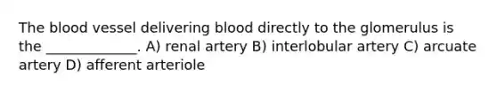 The blood vessel delivering blood directly to the glomerulus is the _____________. A) renal artery B) interlobular artery C) arcuate artery D) afferent arteriole