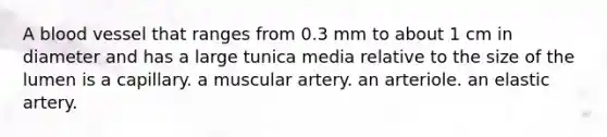 A blood vessel that ranges from 0.3 mm to about 1 cm in diameter and has a large tunica media relative to the size of the lumen is a capillary. a muscular artery. an arteriole. an elastic artery.