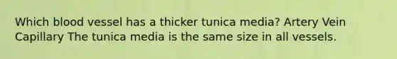 Which blood vessel has a thicker tunica media? Artery Vein Capillary The tunica media is the same size in all vessels.