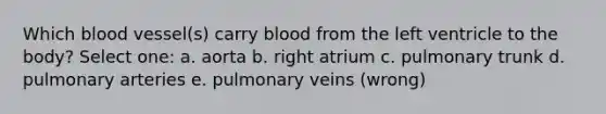 Which blood vessel(s) carry blood from the left ventricle to the body? Select one: a. aorta b. right atrium c. pulmonary trunk d. pulmonary arteries e. pulmonary veins (wrong)