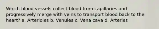 Which blood vessels collect blood from capillaries and progressively merge with veins to transport blood back to the heart? a. Arterioles b. Venules c. Vena cava d. Arteries