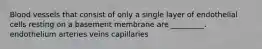 Blood vessels that consist of only a single layer of endothelial cells resting on a basement membrane are _________. endothelium arteries veins capillaries