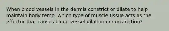 When blood vessels in the dermis constrict or dilate to help maintain body temp, which type of muscle tissue acts as the effector that causes blood vessel dilation or constriction?