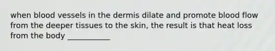 when blood vessels in the dermis dilate and promote blood flow from the deeper tissues to the skin, the result is that heat loss from the body ___________