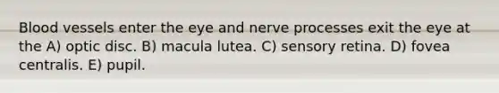 Blood vessels enter the eye and nerve processes exit the eye at the A) optic disc. B) macula lutea. C) sensory retina. D) fovea centralis. E) pupil.