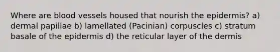 Where are blood vessels housed that nourish the epidermis? a) dermal papillae b) lamellated (Pacinian) corpuscles c) stratum basale of the epidermis d) the reticular layer of the dermis