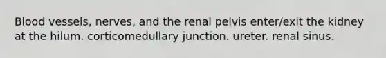 Blood vessels, nerves, and the renal pelvis enter/exit the kidney at the hilum. corticomedullary junction. ureter. renal sinus.