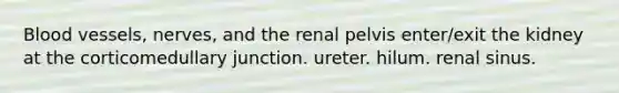 Blood vessels, nerves, and the renal pelvis enter/exit the kidney at the corticomedullary junction. ureter. hilum. renal sinus.