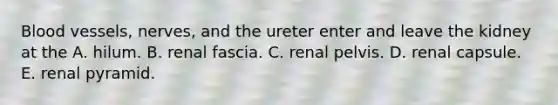 Blood vessels, nerves, and the ureter enter and leave the kidney at the A. hilum. B. renal fascia. C. renal pelvis. D. renal capsule. E. renal pyramid.