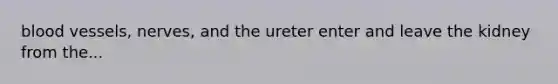 <a href='https://www.questionai.com/knowledge/kZJ3mNKN7P-blood-vessels' class='anchor-knowledge'>blood vessels</a>, nerves, and the ureter enter and leave the kidney from the...