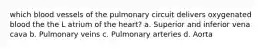 which blood vessels of the pulmonary circuit delivers oxygenated blood the the L atrium of the heart? a. Superior and inferior vena cava b. Pulmonary veins c. Pulmonary arteries d. Aorta