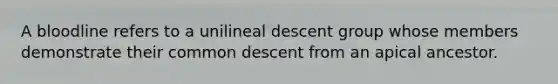 A bloodline refers to a unilineal descent group whose members demonstrate their common descent from an apical ancestor.