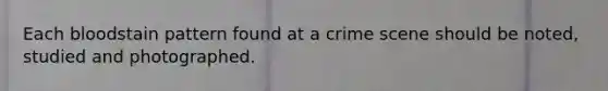 Each bloodstain pattern found at a crime scene should be noted, studied and photographed.