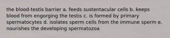 <a href='https://www.questionai.com/knowledge/k7oXMfj7lk-the-blood' class='anchor-knowledge'>the blood</a>-testis barrier a. feeds sustentacular cells b. keeps blood from engorging the testis c. is formed by primary spermatocytes d. isolates sperm cells from the immune sperm e. nourishes the developing spermatozoa