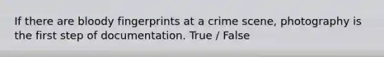 If there are bloody fingerprints at a crime scene, photography is the first step of documentation. True / False