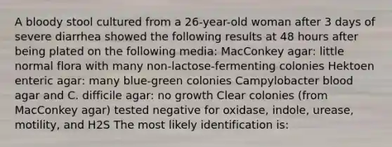 A bloody stool cultured from a 26-year-old woman after 3 days of severe diarrhea showed the following results at 48 hours after being plated on the following media: MacConkey agar: little normal flora with many non-lactose-fermenting colonies Hektoen enteric agar: many blue-green colonies Campylobacter blood agar and C. difficile agar: no growth Clear colonies (from MacConkey agar) tested negative for oxidase, indole, urease, motility, and H2S The most likely identification is: