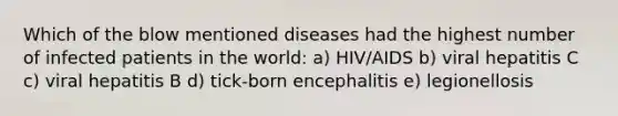 Which of the blow mentioned diseases had the highest number of infected patients in the world: a) HIV/AIDS b) viral hepatitis C c) viral hepatitis B d) tick-born encephalitis e) legionellosis