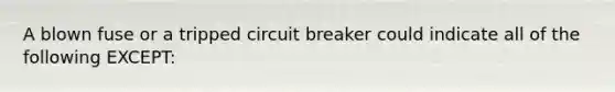 A blown fuse or a tripped circuit breaker could indicate all of the following EXCEPT: