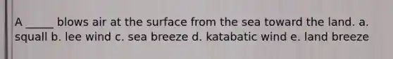 A _____ blows air at the surface from the sea toward the land. a. squall b. lee wind c. sea breeze d. katabatic wind e. land breeze