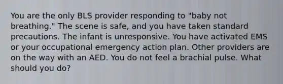 You are the only BLS provider responding to "baby not breathing." The scene is safe, and you have taken standard precautions. The infant is unresponsive. You have activated EMS or your occupational emergency action plan. Other providers are on the way with an AED. You do not feel a brachial pulse. What should you do?