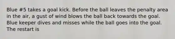 Blue #5 takes a goal kick. Before the ball leaves the penalty area in the air, a gust of wind blows the ball back towards the goal. Blue keeper dives and misses while the ball goes into the goal. The restart is