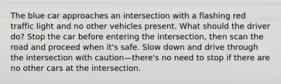 The blue car approaches an intersection with a flashing red traffic light and no other vehicles present. What should the driver do? Stop the car before entering the intersection, then scan the road and proceed when it's safe. Slow down and drive through the intersection with caution—there's no need to stop if there are no other cars at the intersection.