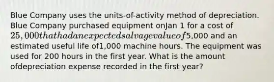 Blue Company uses the units-of-activity method of depreciation. Blue Company purchased equipment onJan 1 for a cost of 25,000 that had an expected salvage value of5,000 and an estimated useful life of1,000 machine hours. The equipment was used for 200 hours in the first year. What is the amount ofdepreciation expense recorded in the first year?