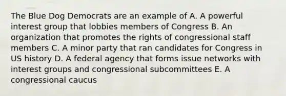 The Blue Dog Democrats are an example of A. A powerful interest group that lobbies members of Congress B. An organization that promotes the rights of congressional staff members C. A minor party that ran candidates for Congress in US history D. A federal agency that forms issue networks with interest groups and congressional subcommittees E. A congressional caucus