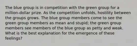 The blue group is in competition with the green group for a million-dollar prize. As the competition unfolds, hostility between the groups grows. The blue group members come to see the green group members as mean and stupid; the green group members see members of the blue group as petty and weak. What is the best explanation for the emergence of these feelings?