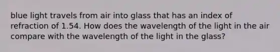 blue light travels from air into glass that has an index of refraction of 1.54. How does the wavelength of the light in the air compare with the wavelength of the light in the glass?