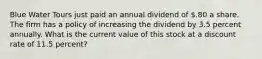 Blue Water Tours just paid an annual dividend of .80 a share. The firm has a policy of increasing the dividend by 3.5 percent annually. What is the current value of this stock at a discount rate of 11.5 percent?