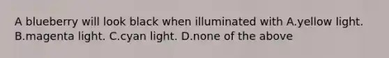 A blueberry will look black when illuminated with A.yellow light. B.magenta light. C.cyan light. D.none of the above