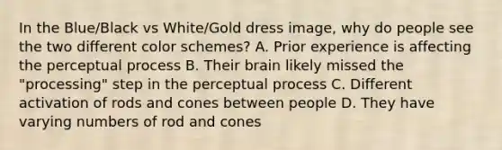 In the Blue/Black vs White/Gold dress image, why do people see the two different color schemes? A. Prior experience is affecting the perceptual process B. Their brain likely missed the "processing" step in the perceptual process C. Different activation of rods and cones between people D. They have varying numbers of rod and cones