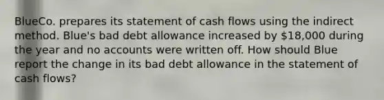 BlueCo. prepares its statement of cash flows using the indirect method. Blue's bad debt allowance increased by 18,000 during the year and no accounts were written off. How should Blue report the change in its bad debt allowance in the statement of cash flows?