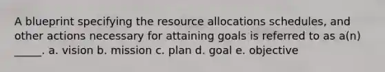 A blueprint specifying the resource allocations schedules, and other actions necessary for attaining goals is referred to as a(n) _____. a. vision b. mission c. plan d. goal e. objective