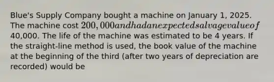 Blue's Supply Company bought a machine on January 1, 2025. The machine cost 200,000 and had an expected salvage value of40,000. The life of the machine was estimated to be 4 years. If the straight-line method is used, the book value of the machine at the beginning of the third (after two years of depreciation are recorded) would be