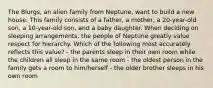 The Blurgs, an alien family from Neptune, want to build a new house. This family consists of a father, a mother, a 20-year-old son, a 10-year-old son, and a baby daughter. When deciding on sleeping arrangements, the people of Neptune greatly value respect for hierarchy. Which of the following most accurately reflects this value? - the parents sleep in their own room while the children all sleep in the same room - the oldest person in the family gets a room to him/herself - the older brother sleeps in his own room