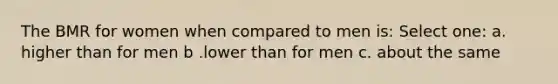 The BMR for women when compared to men is: Select one: a. higher than for men b .lower than for men c. about the same