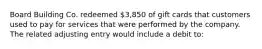 Board Building Co. redeemed 3,850 of gift cards that customers used to pay for services that were performed by the company. The related adjusting entry would include a debit to: