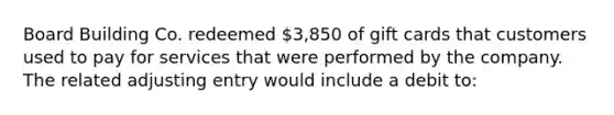 Board Building Co. redeemed 3,850 of gift cards that customers used to pay for services that were performed by the company. The related adjusting entry would include a debit to: