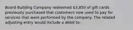 Board Building Company redeemed 3,850 of gift cards previously purchased that customers now used to pay for services that were performed by the company. The related adjusting entry would include a debit to: